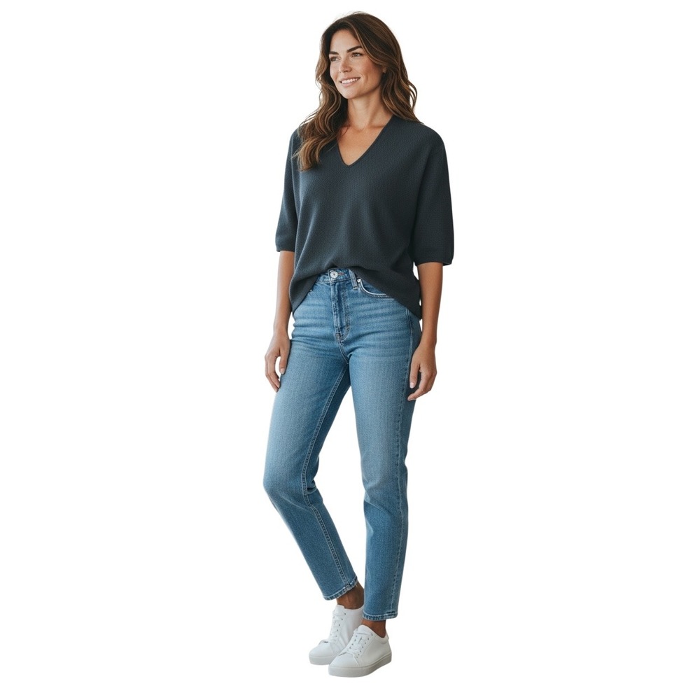 Uniqlo and Lemaire Womens Charcoal Gray V-Neck Knit Top Elbow Sleeve Large
